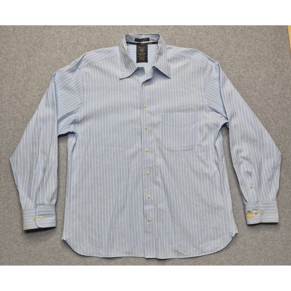 Gant Long Beach Poplin Shirt Mens XL Blue White Striped Regular Fit Long Sleeve